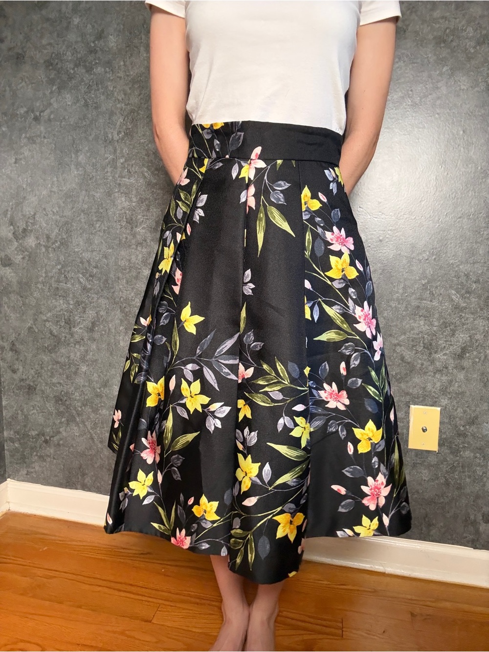 Eliza J Black A-Line Midi Skirt with Yellow & Pink Floral Print